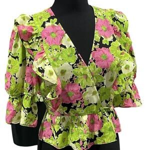 WAYF Floral Print Ruffle Wrap Top Blouse Shirt Size S NWT